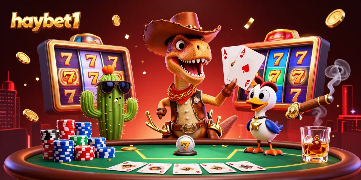 Experience thrilling gameplay with haybet1's cartoon T-Rex and friends at a vibrant poker table.