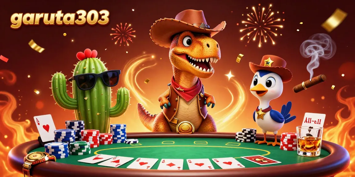 Experience garuda303's thrilling gameplay with a 3D cartoon cowboy T-Rex dinosaur at the poker table, filled with vibrant casino elements.