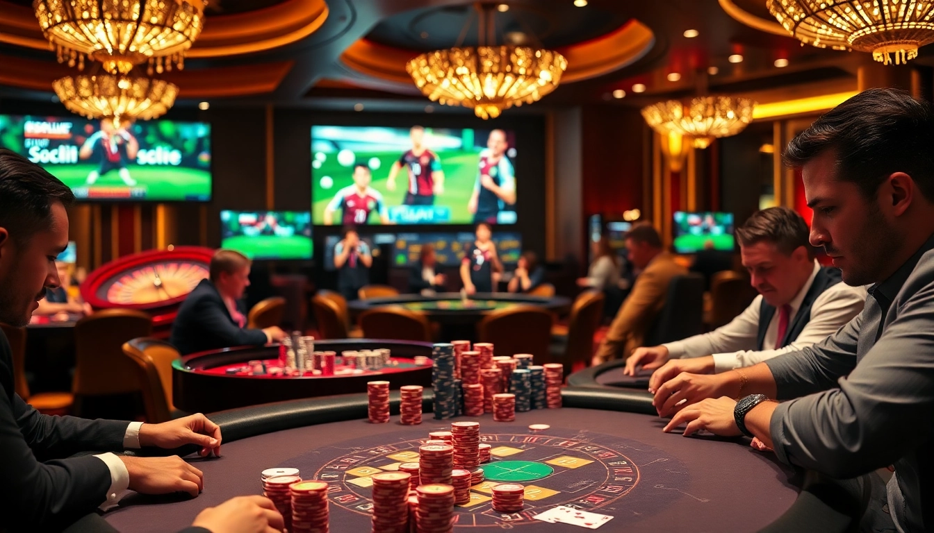 Socolive streaming live football matches while players enjoy poker at a luxurious casino.