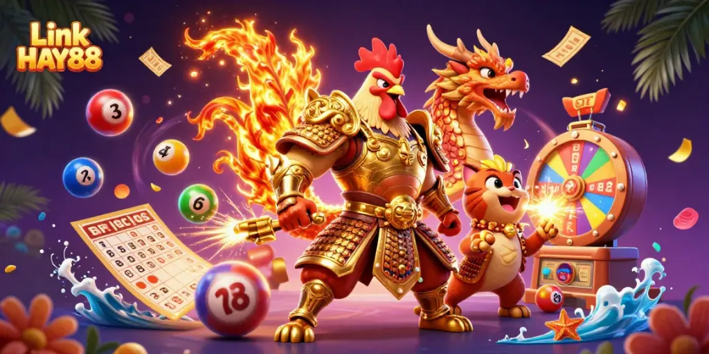 Experience thrilling moments with Link HAY88 as vibrant lottery elements surround a fighting rooster.