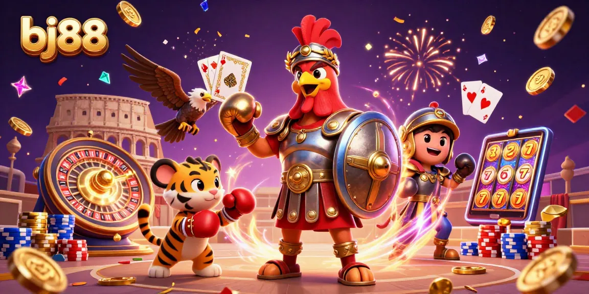 Bj88 takes center stage in this exciting scene, featuring a gladiator rooster and a tiger cub amidst a vibrant casino atmosphere.