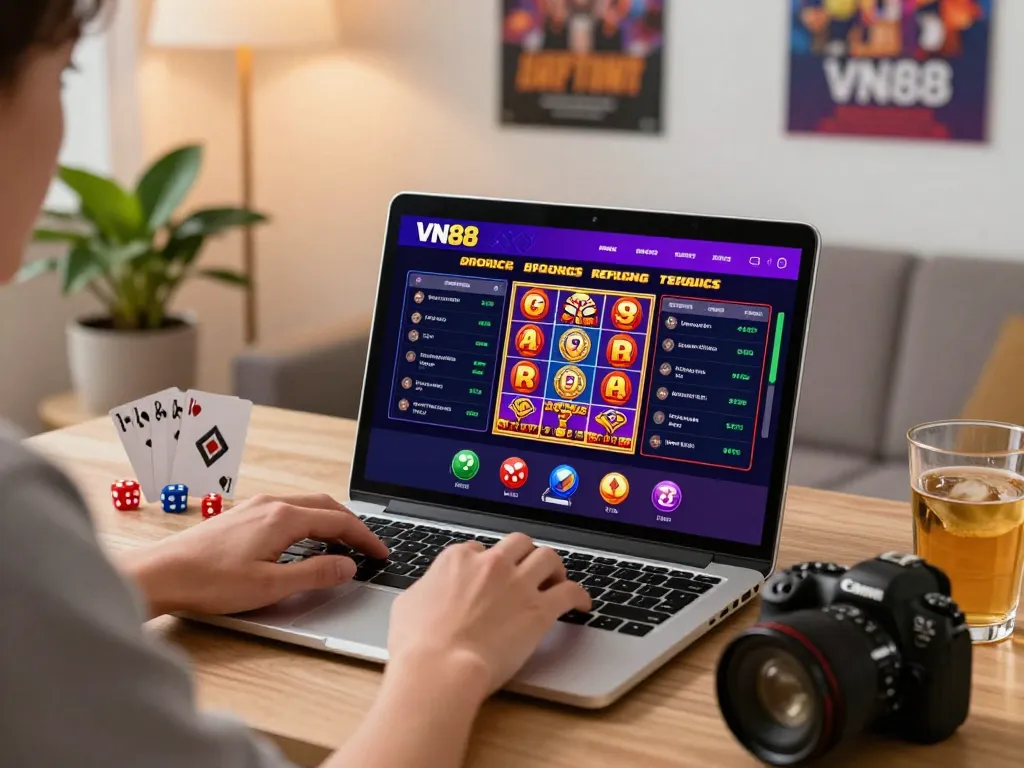 Person engaging with VN88 betting platform on laptop in a vibrant gaming environment.