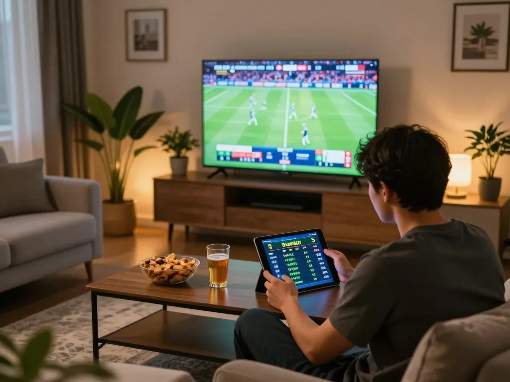 Tỷ lệ kèo nhà cái 5 displayed on a tablet while engaging in online sports betting in a cozy living room.