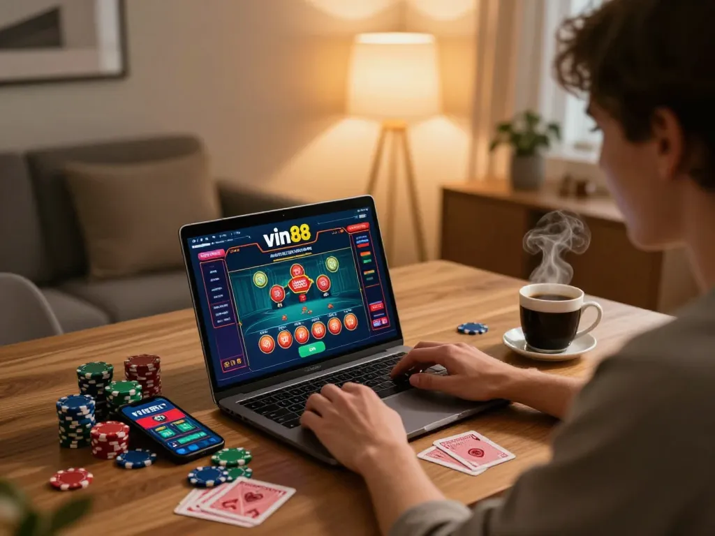 Engaging gameplay with vin88 casino games on a laptop, highlighting the online gambling experience.