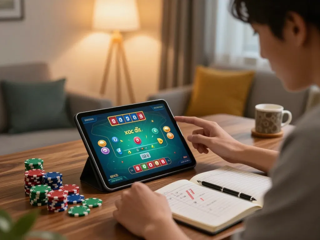 Player engaged in an online xóc đĩa game, surrounded by betting notes and chips.