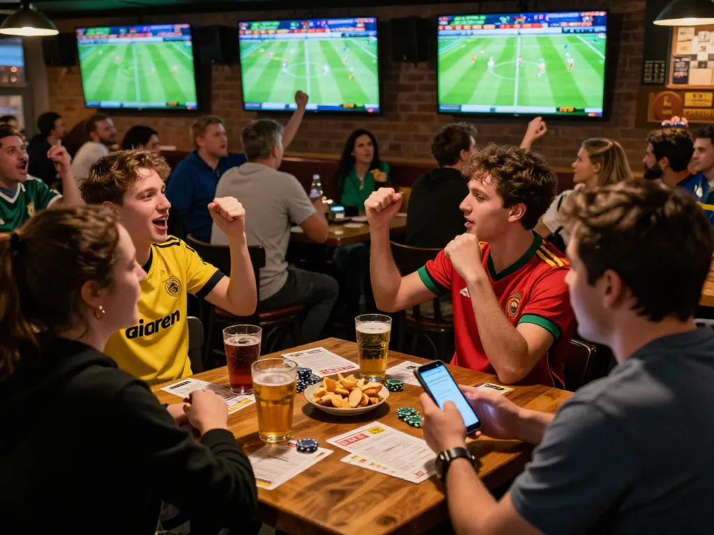 Engaging sports betting scene showcasing soi kèo bóng đá with fans enjoying live matches and checking odds on their phones