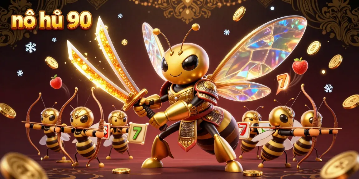 Experience the thrill of nổ hũ 90 with a vibrant 3D illustration featuring golden hornet warriors and dynamic slot elements.