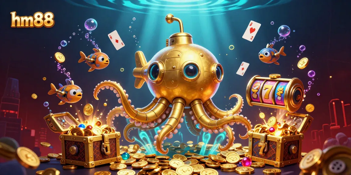 Experience the thrill of winning with hm88, featuring a golden kraken submarine amidst a vibrant casino underwater scene.