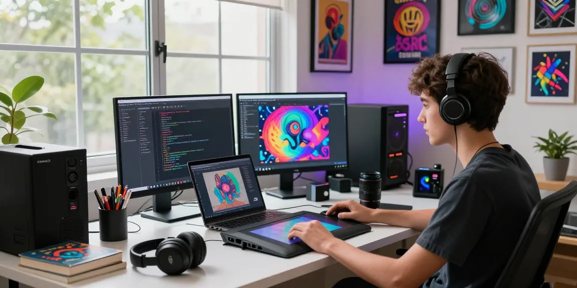 Youthful developer immersed in creating digital art and coding, representing dejny.eu.