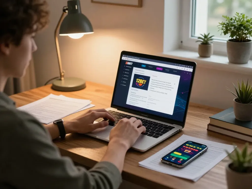 Tham gia trò chơi trực tuyến tại nhà với 12Bet, với màn hình laptop và ghi chú chiến lược cá cược.
