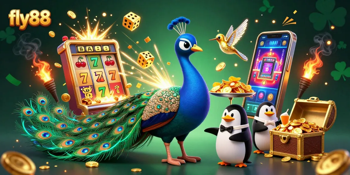 Experience the vibrant thrill of fly88 casino with peacock, penguin, and hummingbird characters amidst a jackpot explosion.