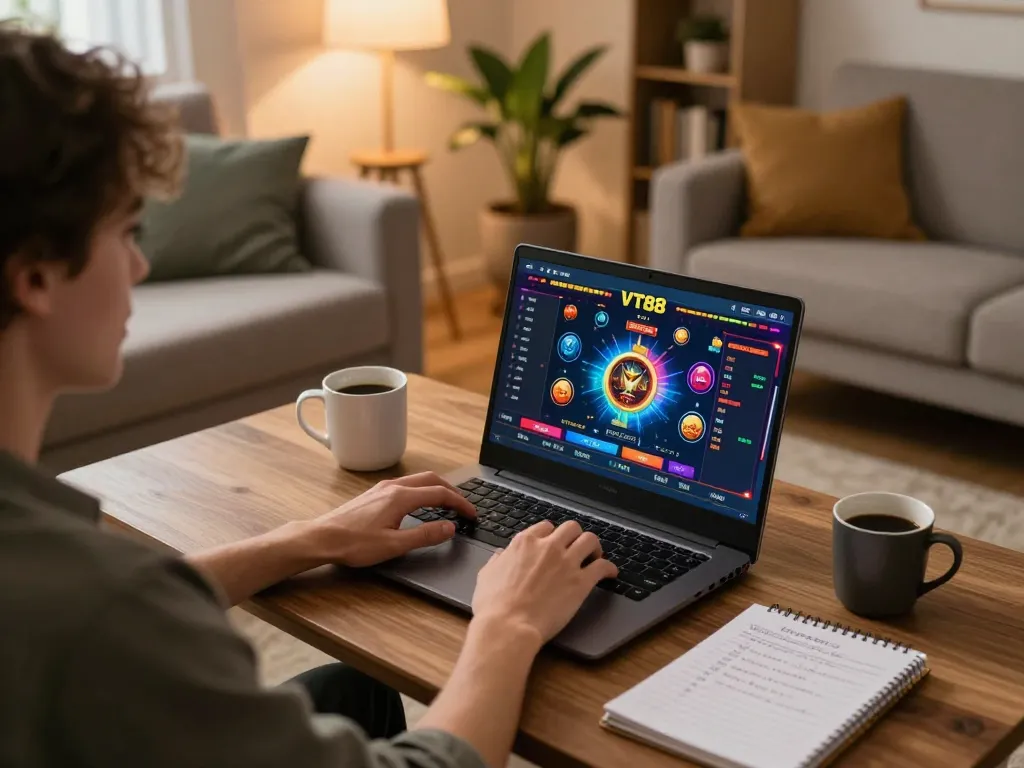 VT88 online casino gaming setup showcasing a player engaging with the interface, embodying a cozy atmosphere