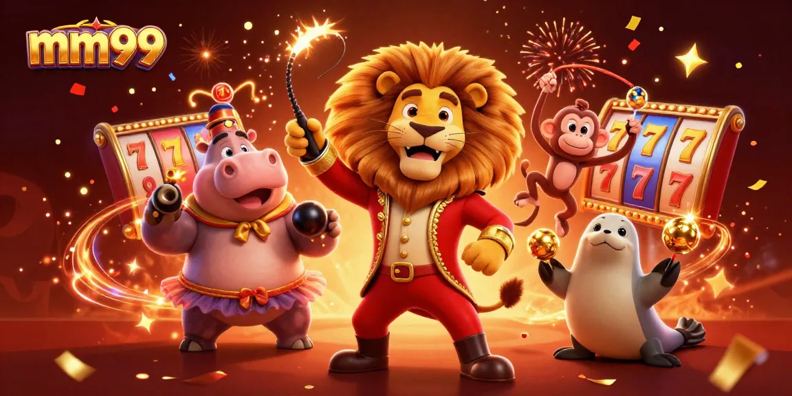 Win big with mm99 as a lion ringmaster leads a vibrant circus of exciting slot games, showcasing thrilling casino action.