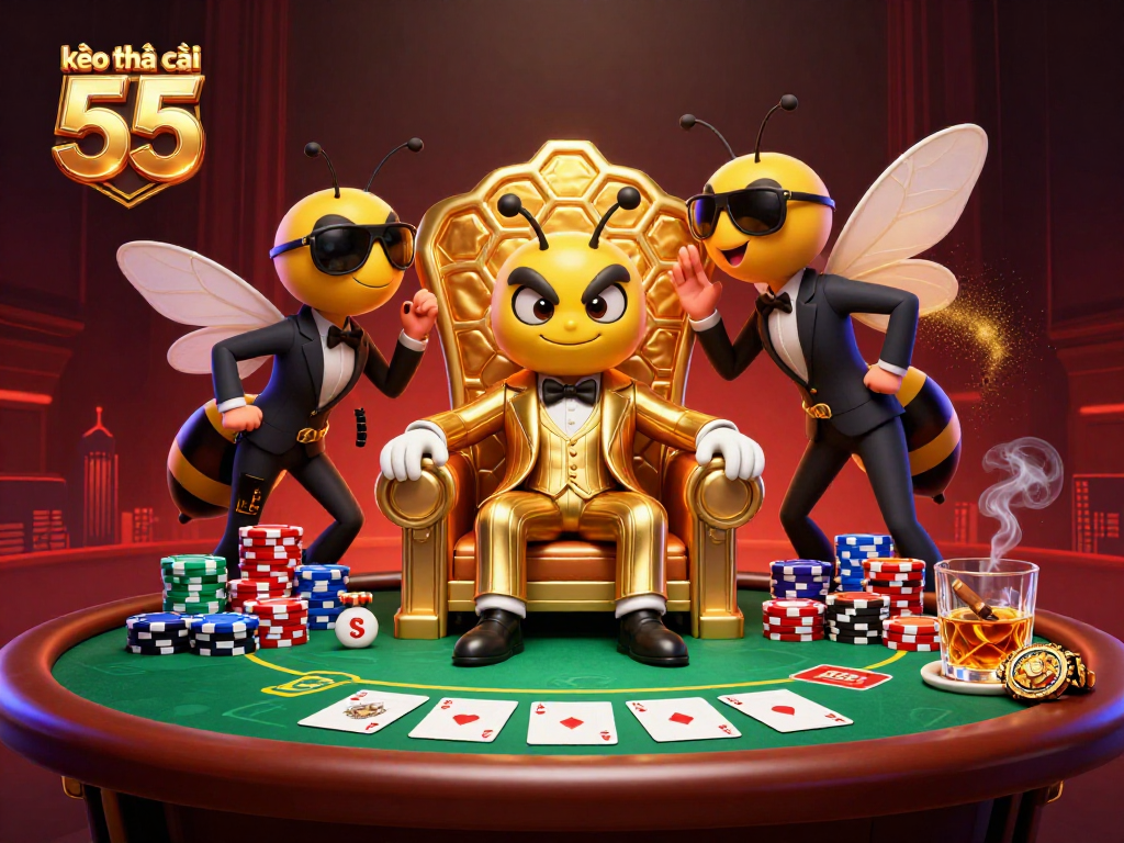 Engage with kèo nhà cái 55 through a vibrant poker scene featuring a bumblebee mob boss.
