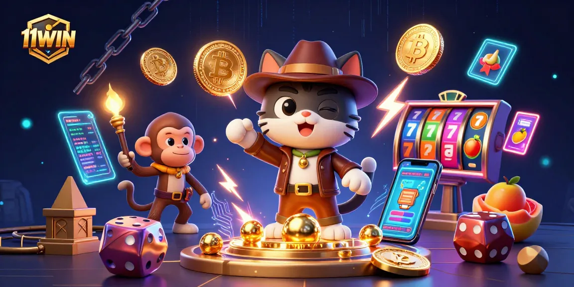 Engage with 11WIN through a vibrant 3D scene featuring a cat archaeologist uncovering casino treasures.