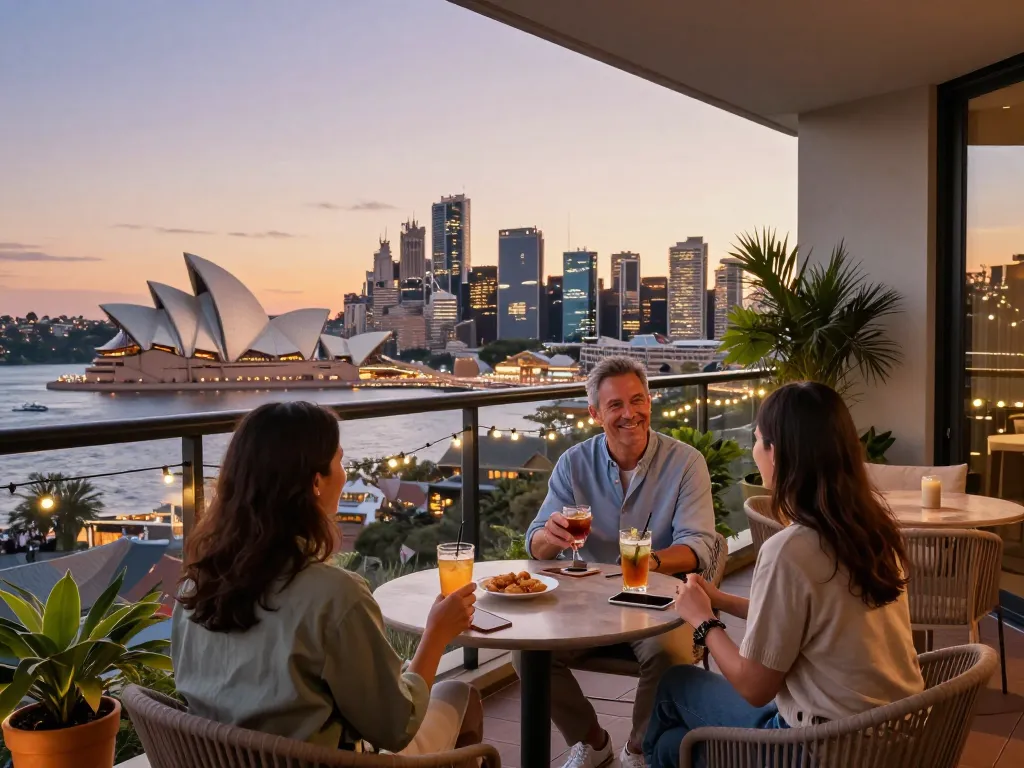 Enjoying Airbnb management in Sydney, a welcoming host interacts with guests on a scenic balcony.