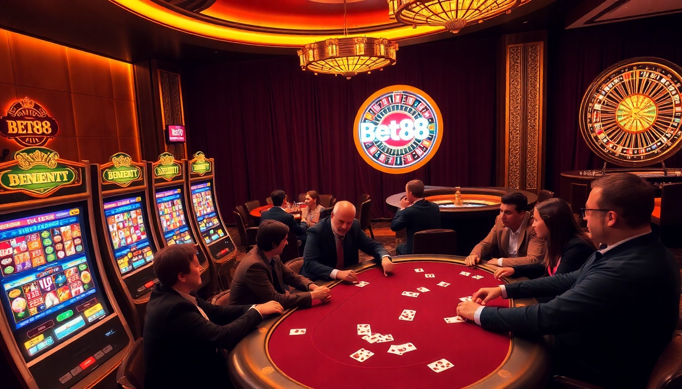 Bet88 players enjoying high-stakes poker in a luxurious casino atmosphere