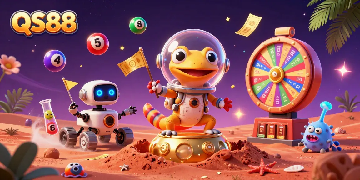 Engage with QS88's dynamic gaming experience featuring a Martian gecko exploring a golden casino.