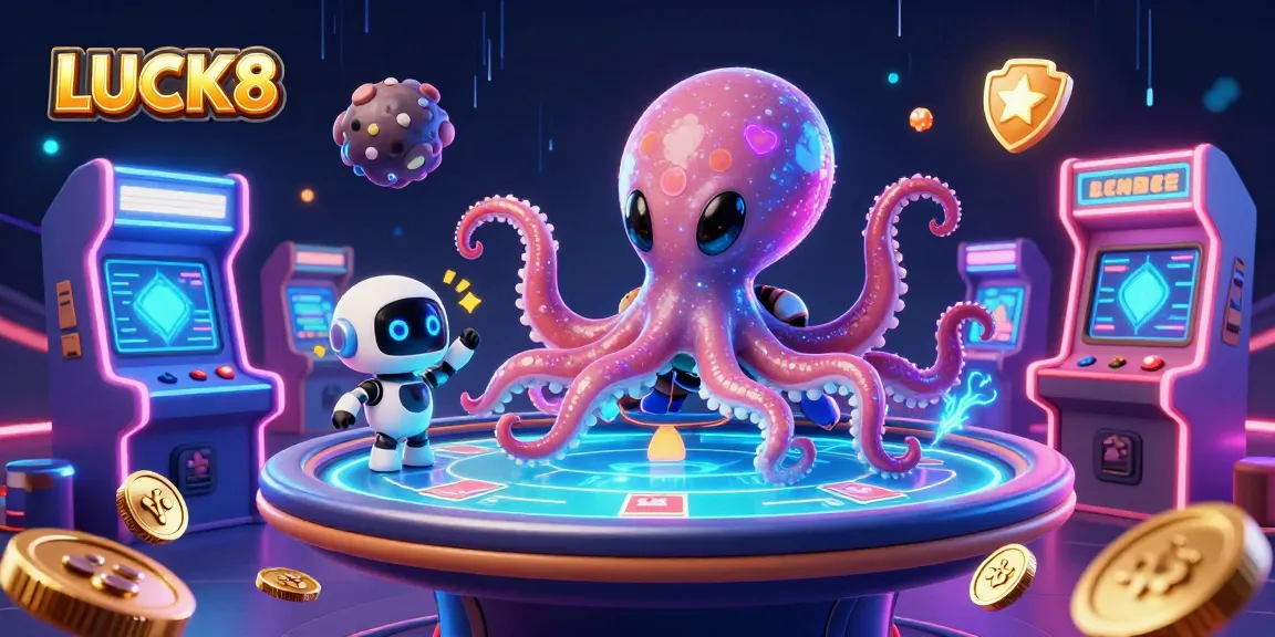 Engage with LUCK8's vivid gaming experience featuring an alien octopus running a holographic poker table.