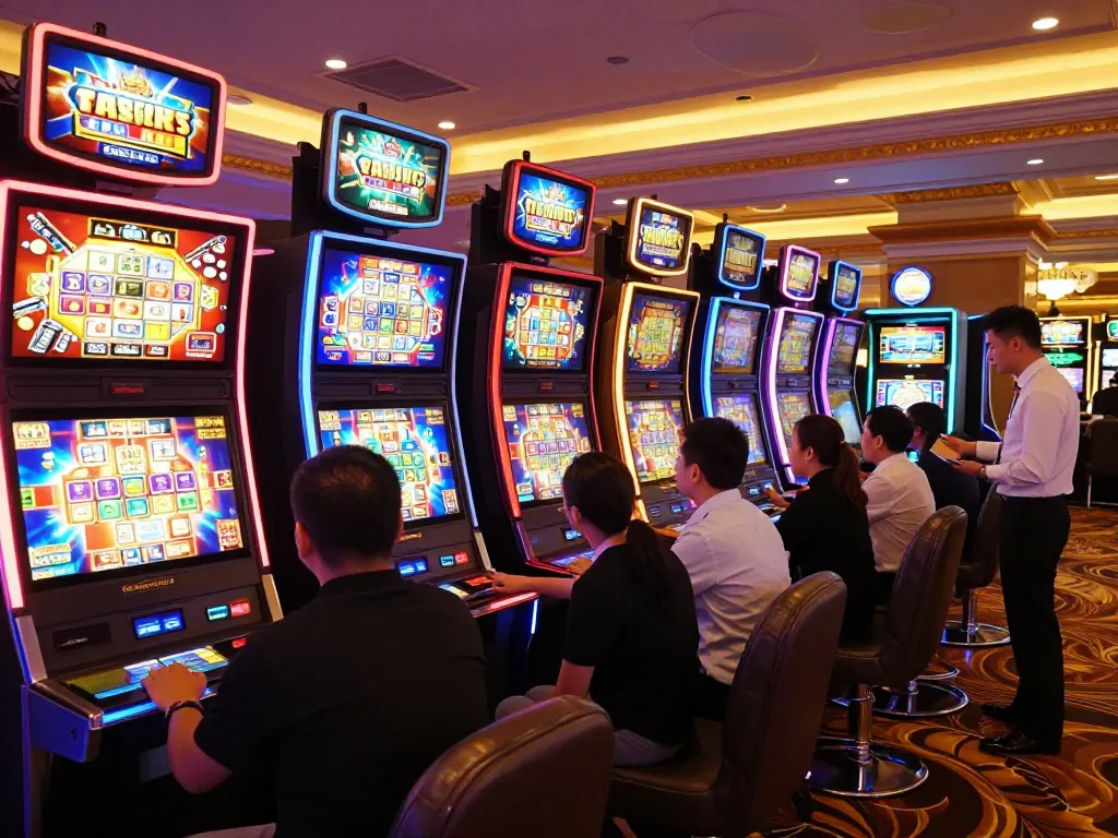 Players enjoying vibrant slot machines at NK88 casino, experiencing thrilling gaming action.
