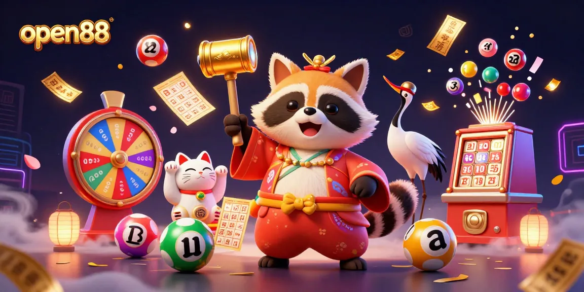 Join the fun with open88 as adorable characters celebrate gambling excitement with colorful lottery elements.