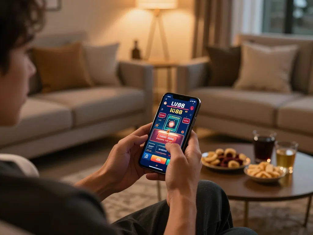 Person accessing lv88 đăng nhập on smartphone while enjoying a cozy evening at home.