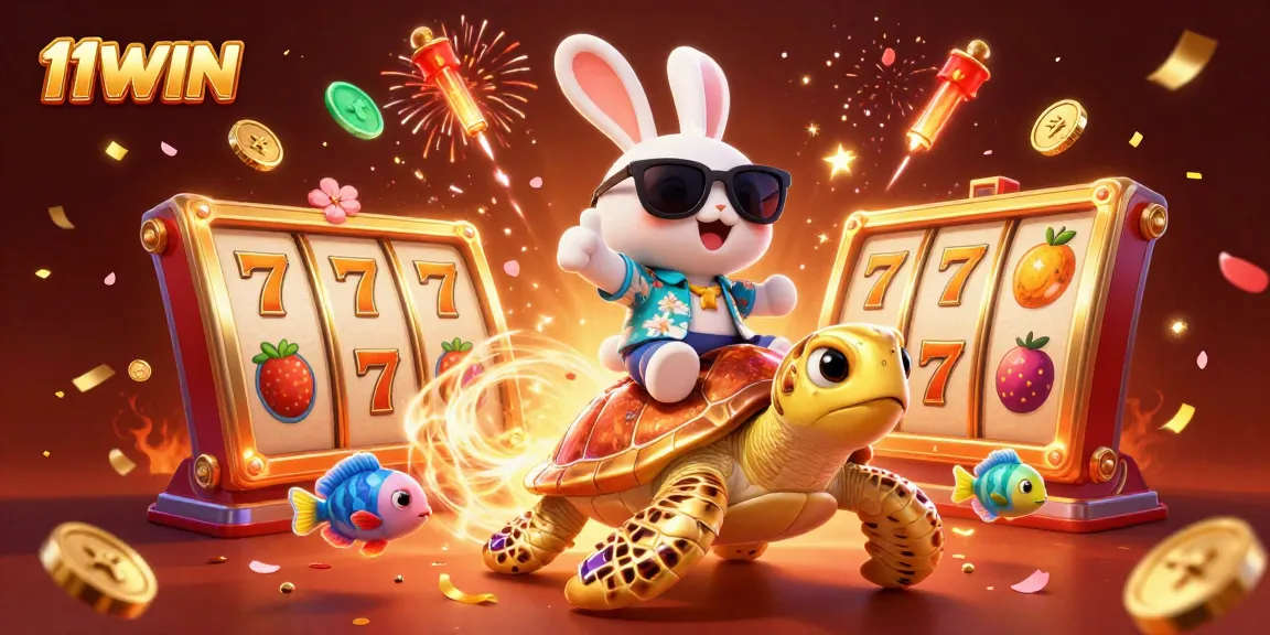 Experience thrilling gameplay with 11WIN as a lucky rabbit rides a golden turtle in a vibrant casino scene.
