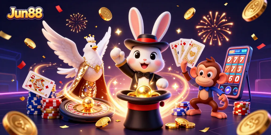 Spin the wheel of fortune with Jun88's magical gaming experience featuring vibrant casino elements.
