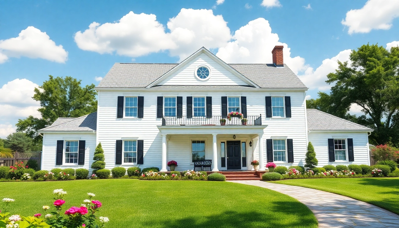 Showcasing colonial home construction with elegant architecture and a beautiful garden.