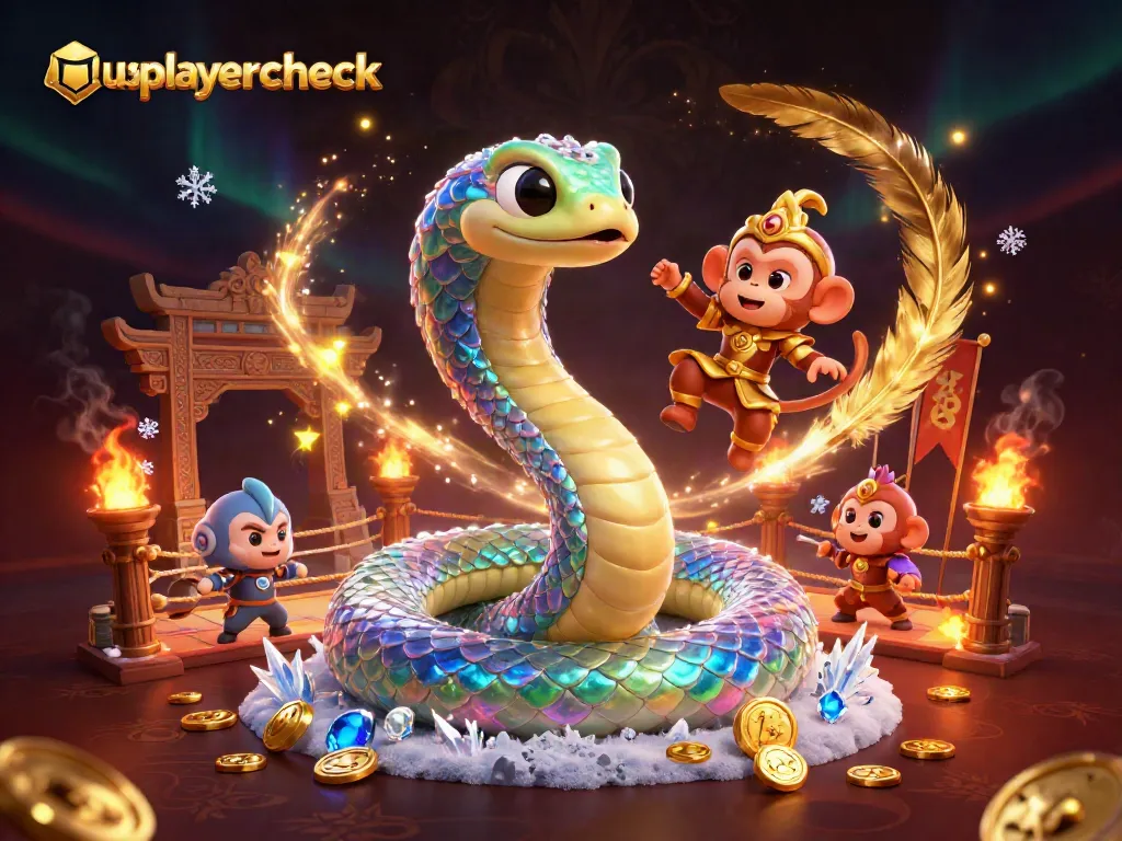 Engage with usplayercheck's vibrant scene of luck and wins at an online casino, featuring a rainbow serpent and monkey king.