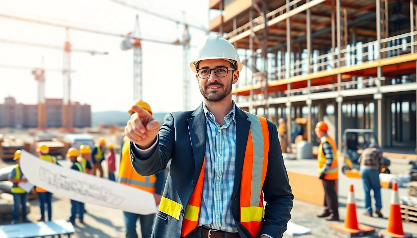 New Jersey Construction Manager directing a vibrant construction site with professionals and machinery.