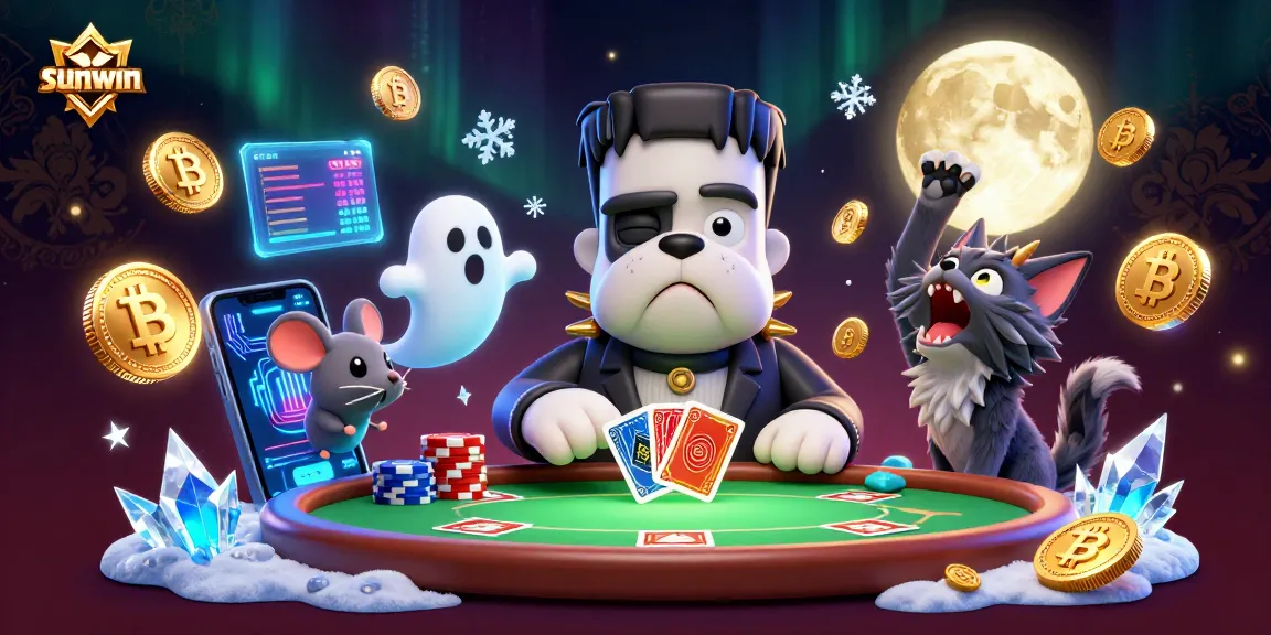 SUNWIN offers thrilling poker excitement with a cartoon bulldog dealer, ghost mouse, and golden moon cat.