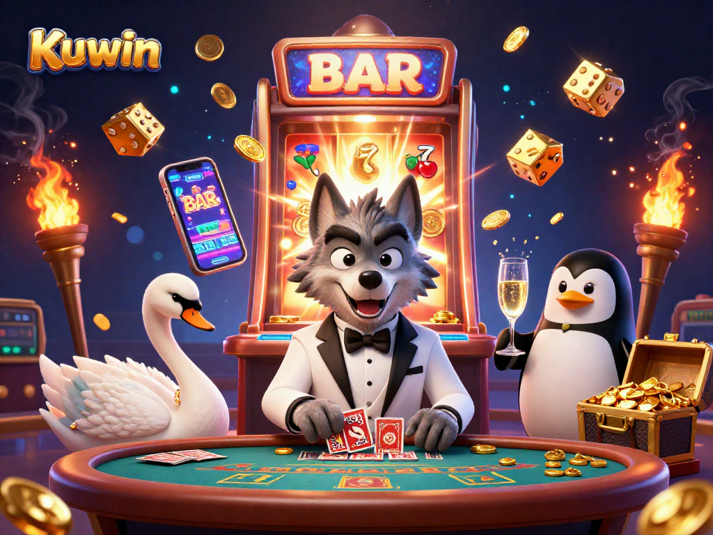 Kuwin offers a vibrant casino experience with a debonair wolf, elegant swan, and sophisticated penguin at the baccarat table amidst dynamic slot machines.
