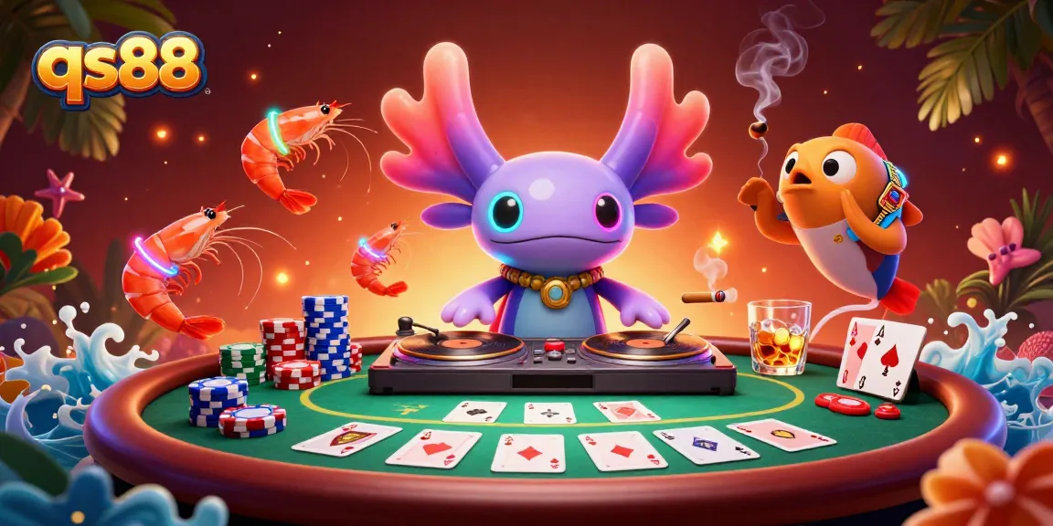 Engage in thrilling gameplay with qs88's dynamic casino scene featuring vibrant characters and poker action.