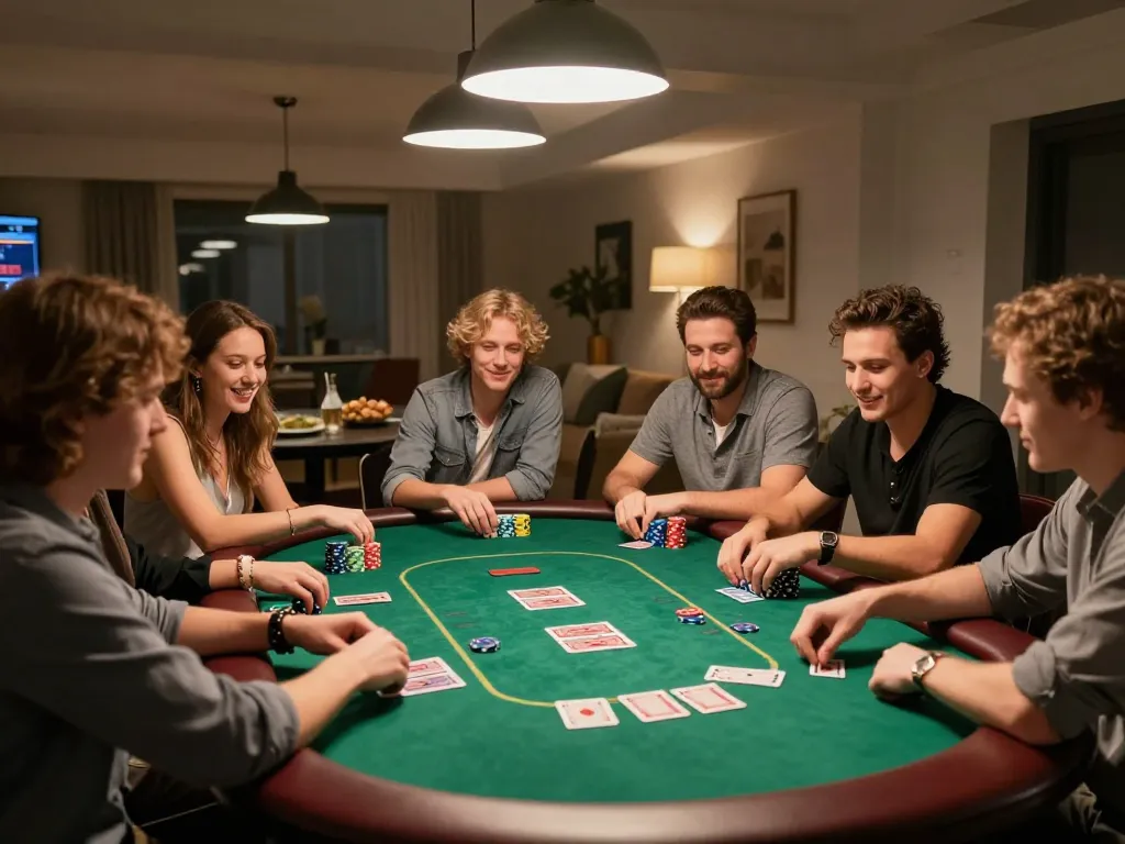 Friends enjoying a friendly poker game at home, with engaging gameplay on display, showcasing mk8 strategies