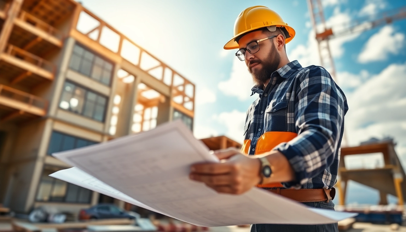 Manhattan General Contractor reviewing blueprints on an active construction site under bright sunlight.