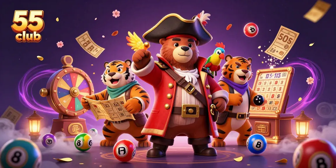 Engage with the thrilling 55 club lottery scene filled with vibrant elements and characters