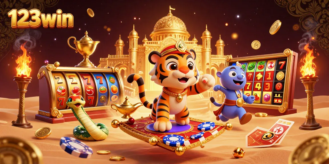 Experience thrilling slot games at 123win with cartoon characters and vibrant casino elements.
