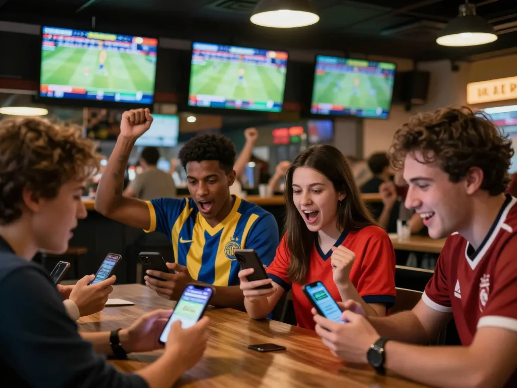 Experience thrilling sports betting at 88vin with friends using mobile apps in an energetic sports bar.
