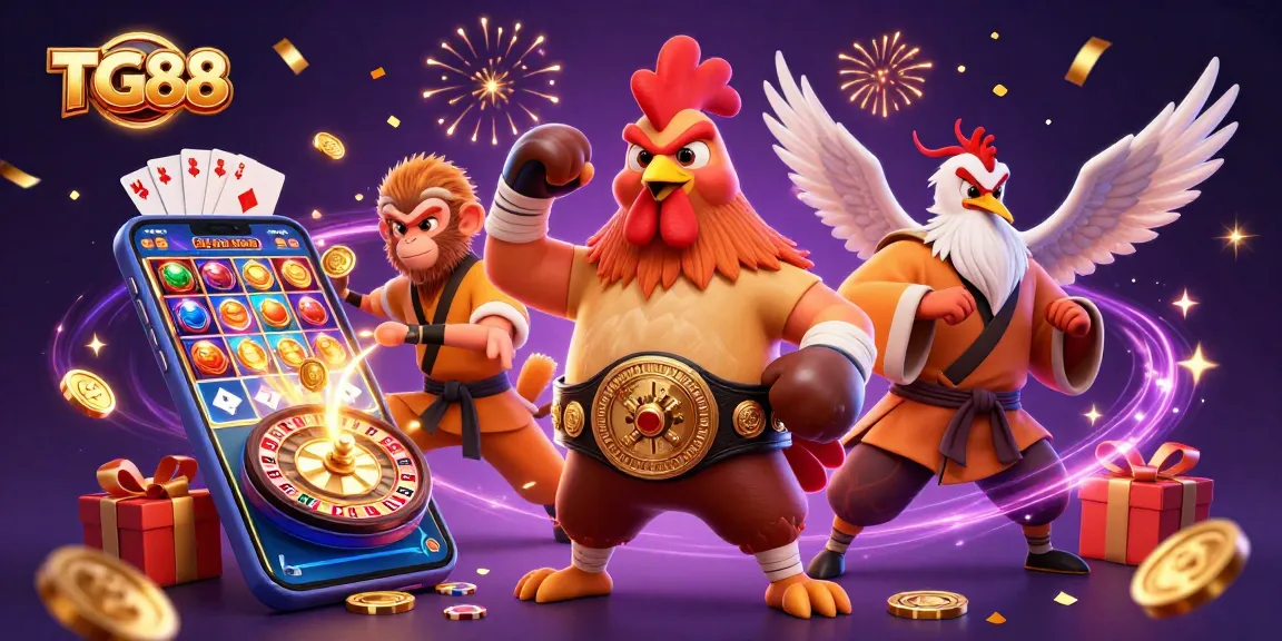 Experience the thrill of TG88 with vibrant casino elements and martial artists in action.