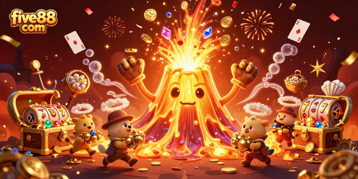 Win big at five88 com with vibrant 3D casino adventure featuring a golden volcano and treasure!