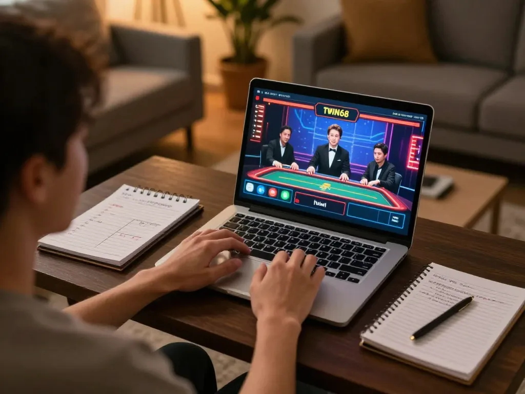 TWIN68 player engaging with live dealer on laptop in inviting home setting