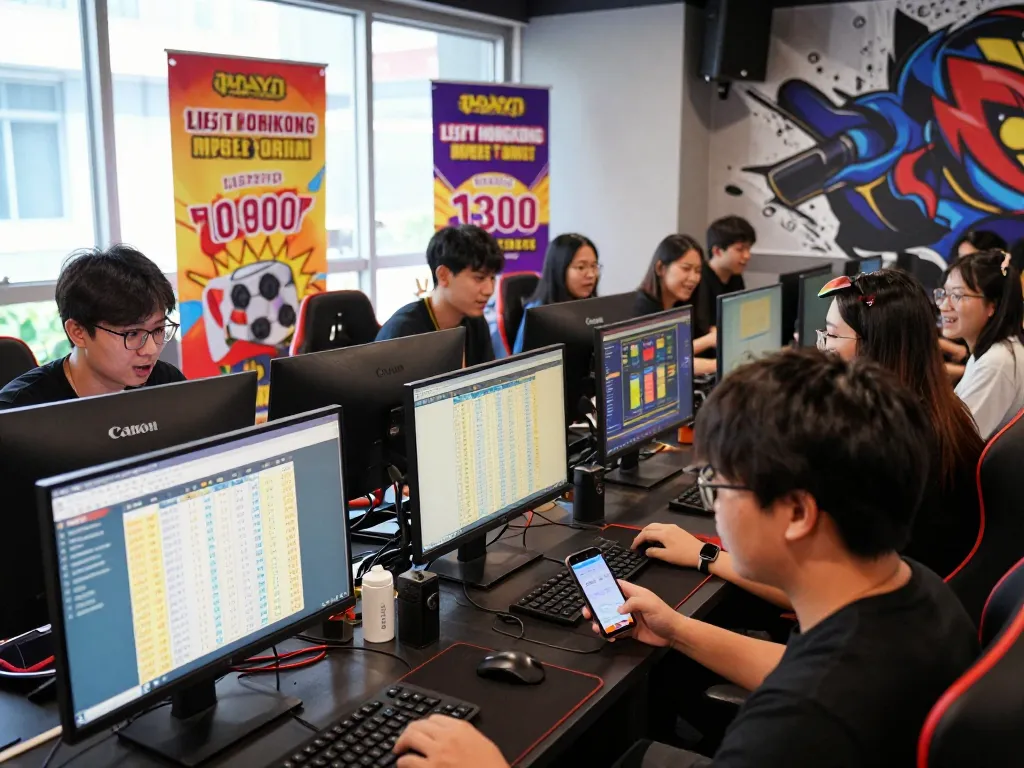 Pemain dengan antusias memeriksa hasil Data HK mereka di pusat permainan online yang ramai.