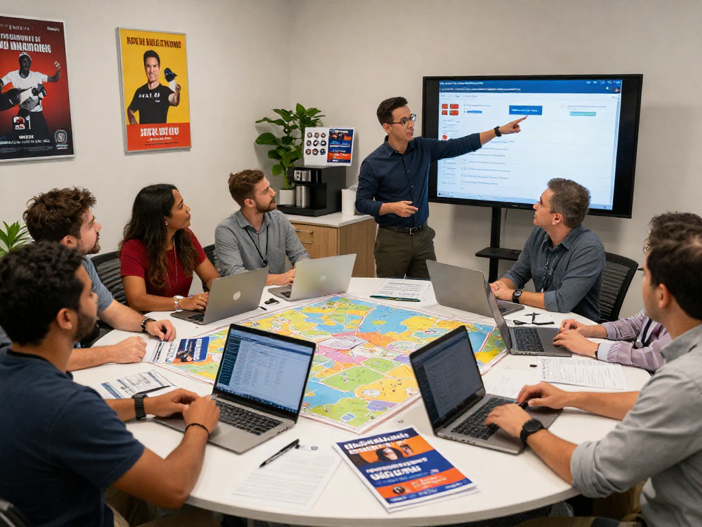 Team strategizing state legislature campaign marketing in vibrant office.