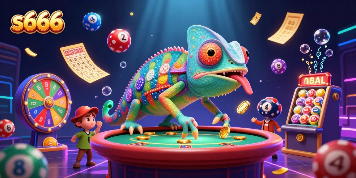 S666 vibrant casino scene with dynamic lottery and gaming elements showcasing a colorful chameleon owner
