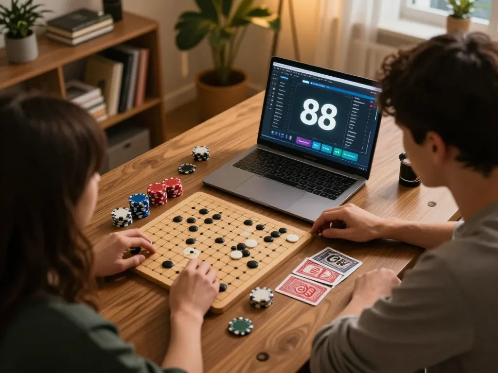 Engaged player participating in Go 88 online gambling with chips and cards in a cozy gaming setup.