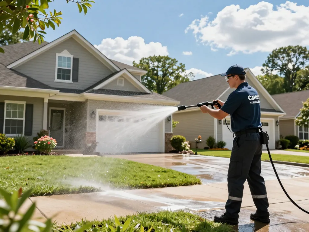 Pressure washing services Atlanta: Professional washing home exterior with bright lawn and tools.