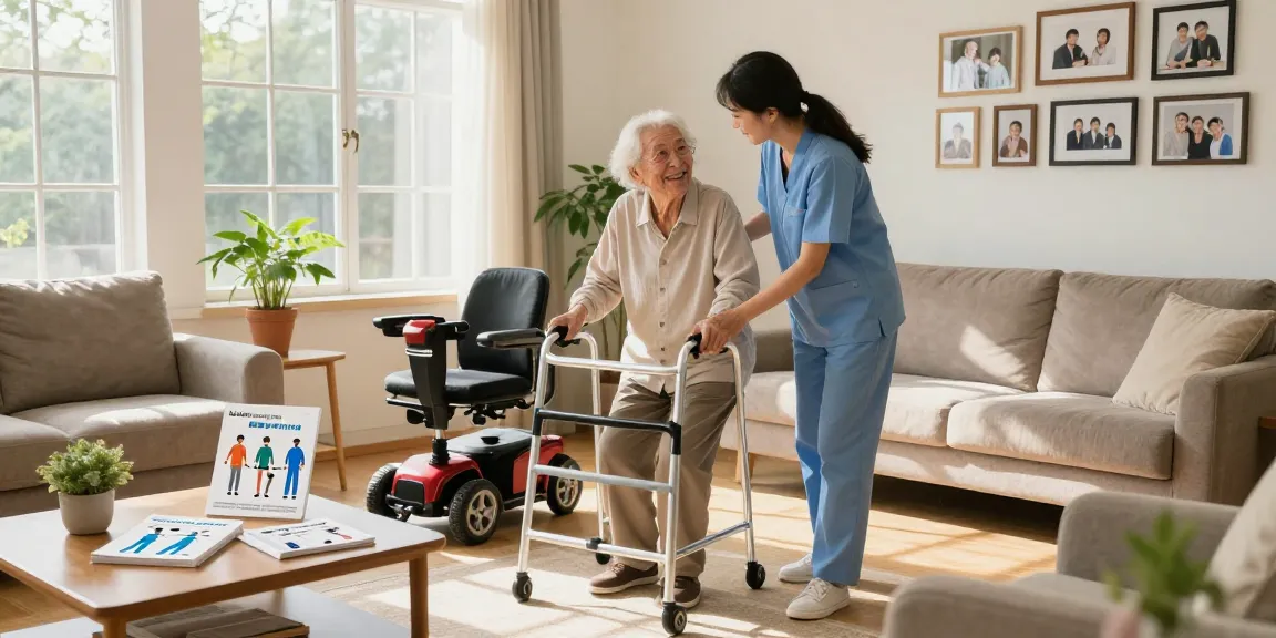 Elderly person using mobility aids while smiling in a bright home, showcasing support and independence as they explore options to buy nobility aids.