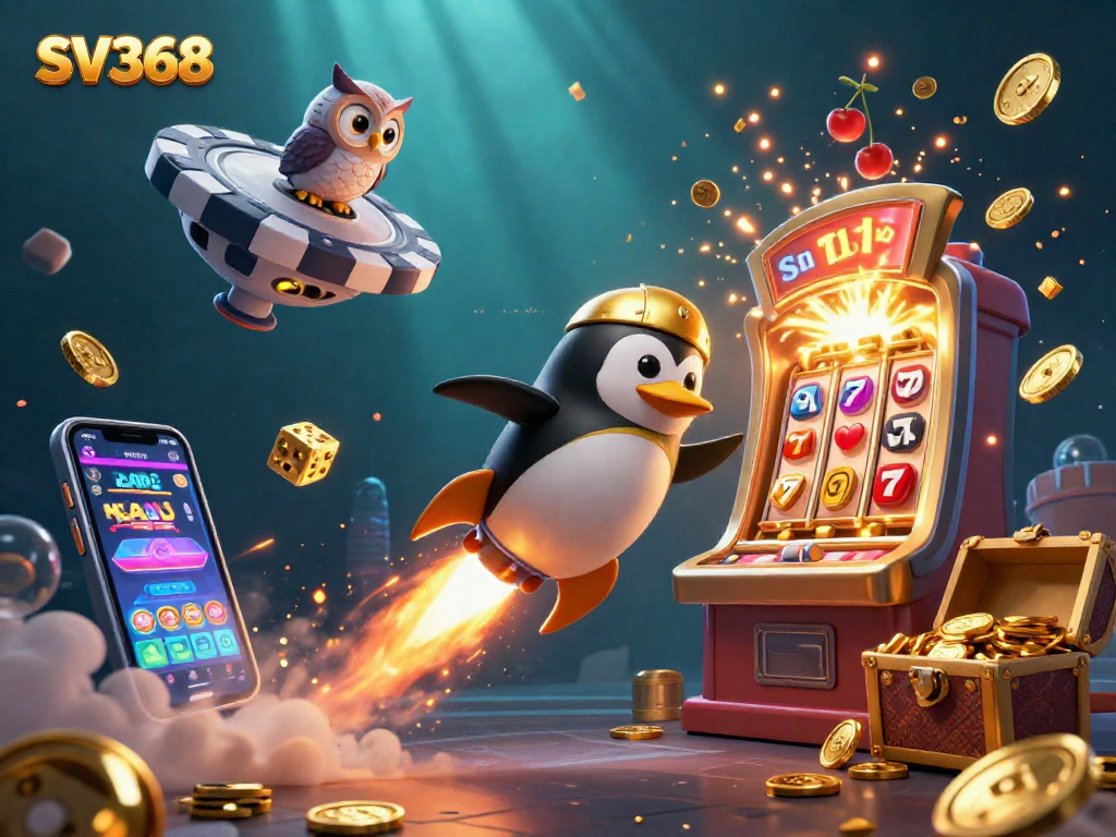 Experience the thrill with SV368's dynamic 3D casino scene featuring a golden penguin and jackpot elements.