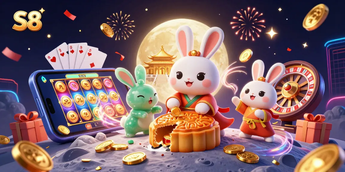 S8 thrills in a festive casino scene with cartoon moon rabbit and poker chips bursting from mooncakes.